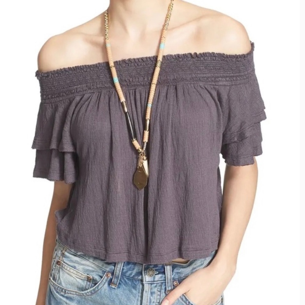 FREE PEOPLE Santorini off the shoulder grey top
